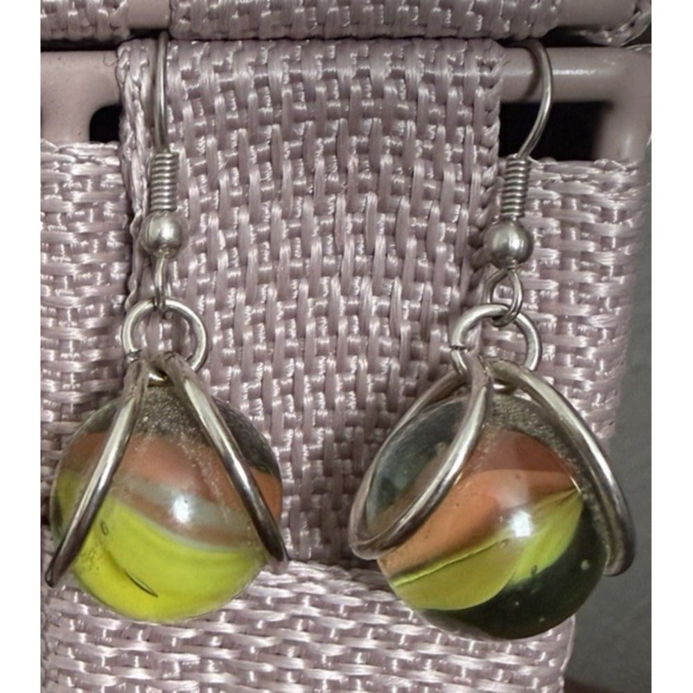 Retro Cats‎ Eye Glass Marble Earrings Silver Plated Hook Dangle Drop